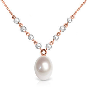 14K. SOLID GOLD NECKLACE WITH DIAMONDS & PEARL (Rose Gold)